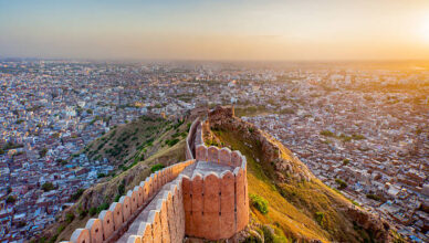 aerial view of jaipur from nahargarh fort at sunset