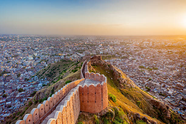 aerial view of jaipur from nahargarh fort at sunset